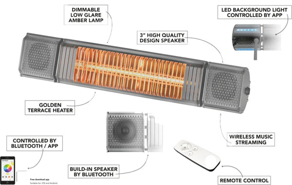 Infrarood Terrasverwarming 2000 watt met Bluetooth speakers