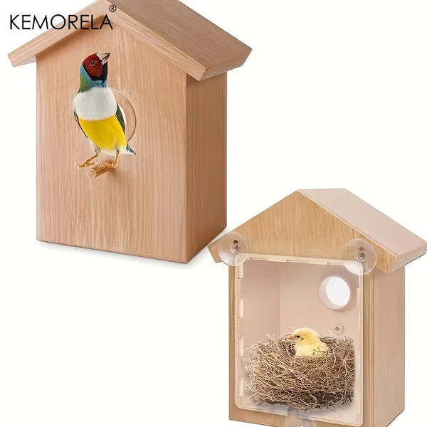 Raamvogelhuisje met zuignappen + voederbak (TPU) – weerbestendig vogelhuis met zitstok
