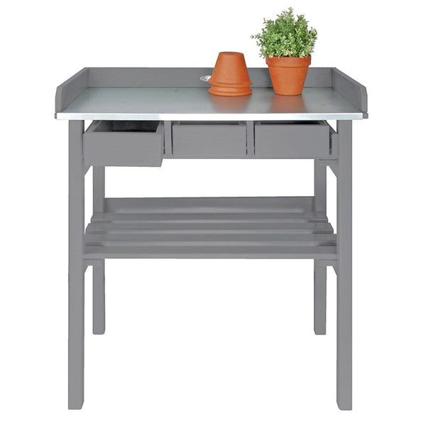 Tuinwerktafel grijs met zinken blad en lades